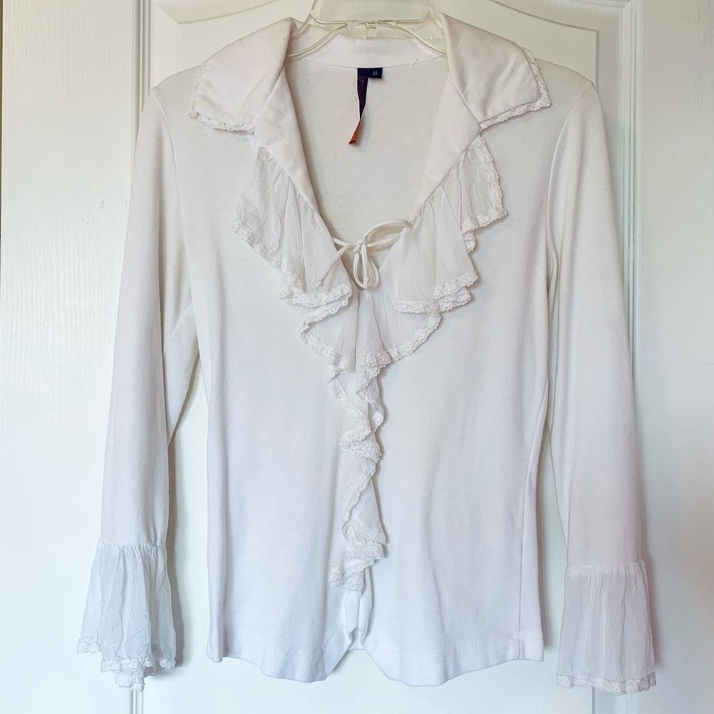Language Los Angeles White‎ Ruffled Notched Collar Blouse - Picture 7 of 10